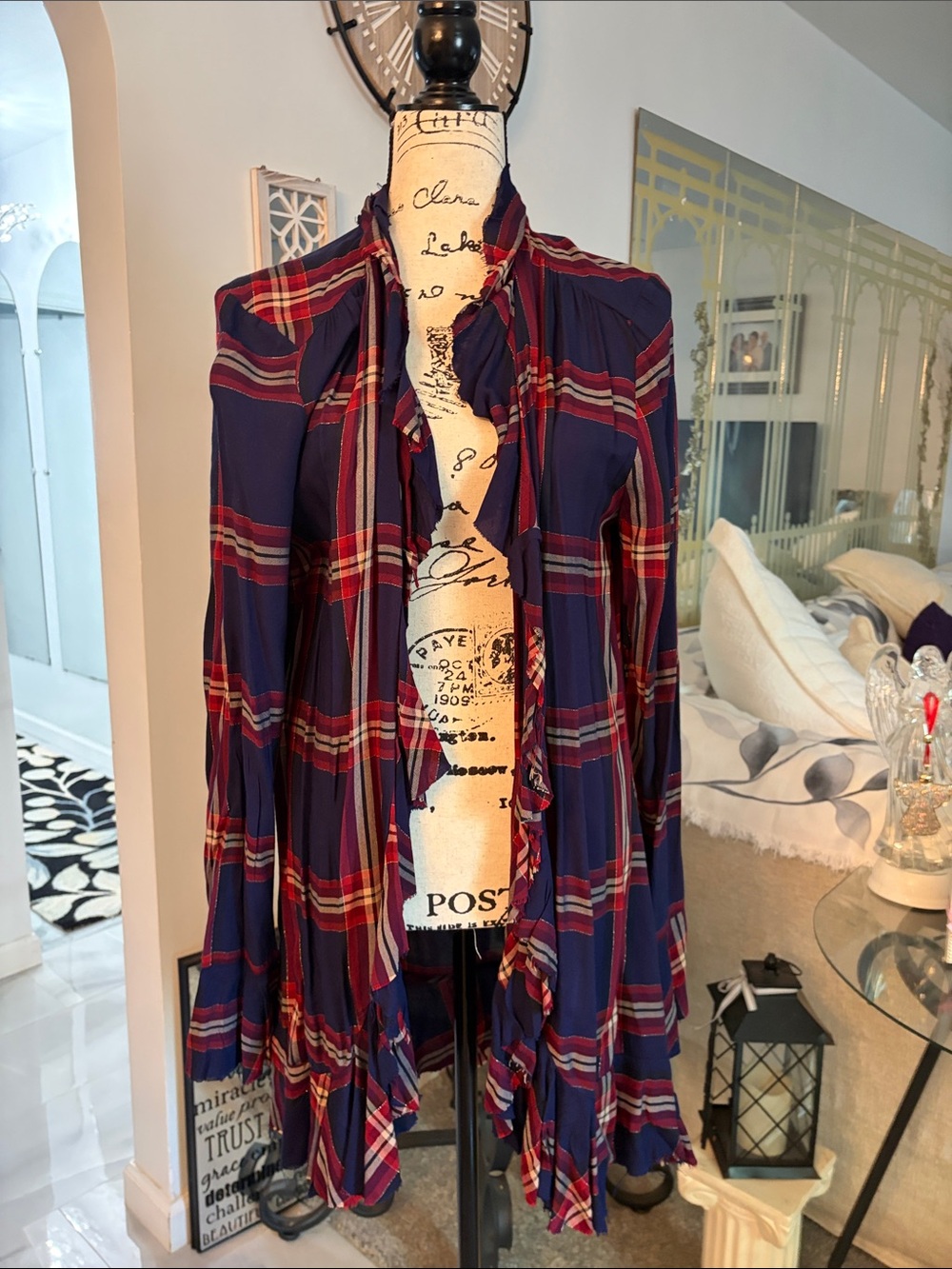 Guess Navy and Red Plaid Ruffled Open Tunic